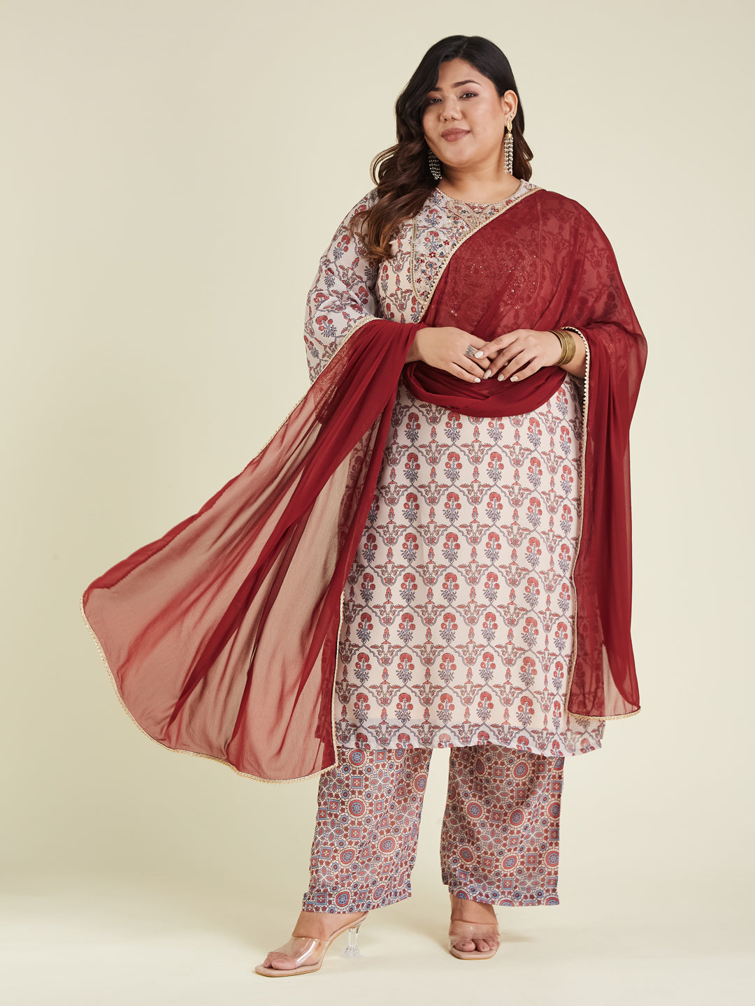 Janasya Light Georgette Yoke Embroidery A-Line Kurta Set 