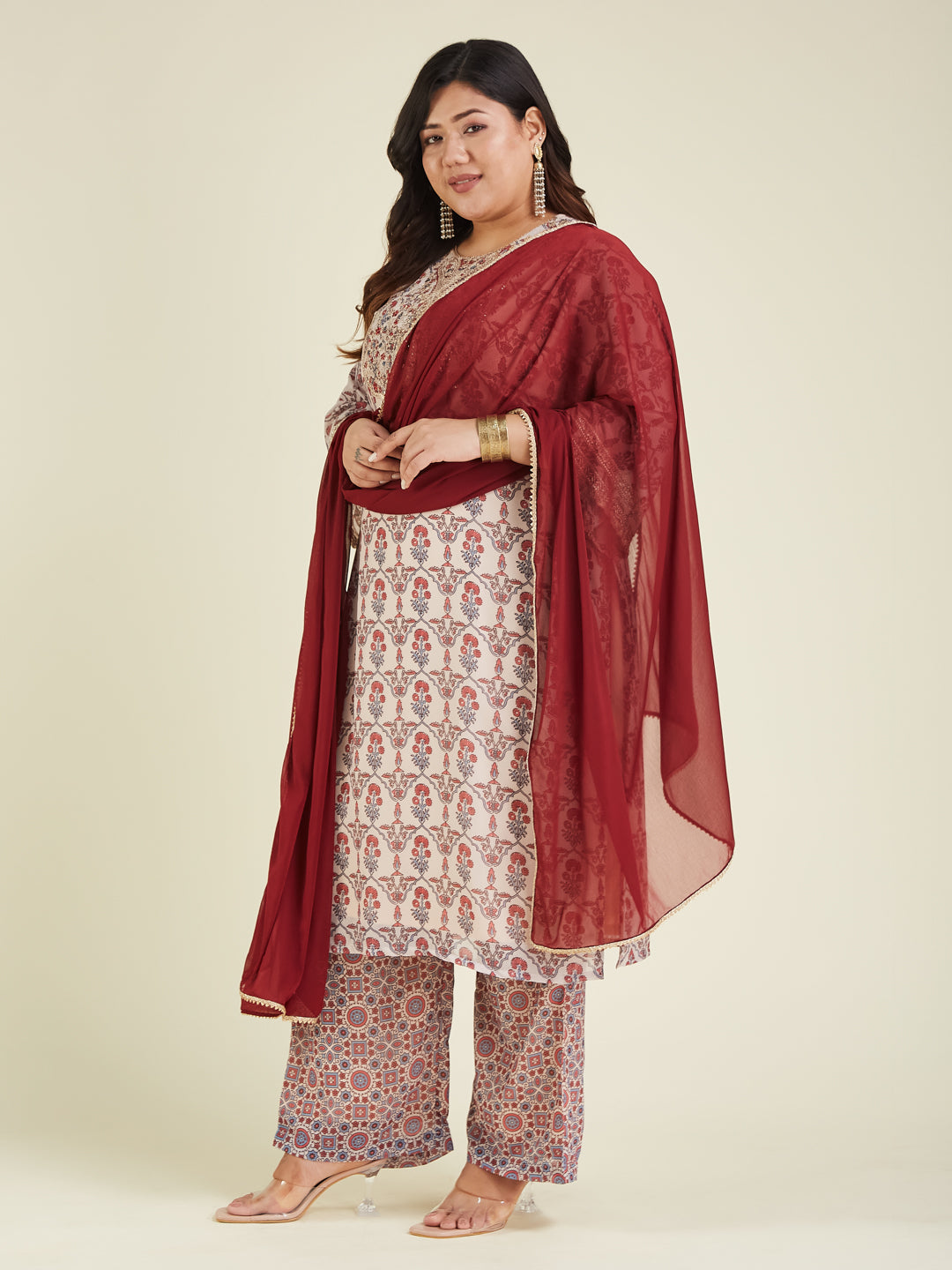 Janasya Light Georgette Yoke Embroidery A-Line Kurta Set 