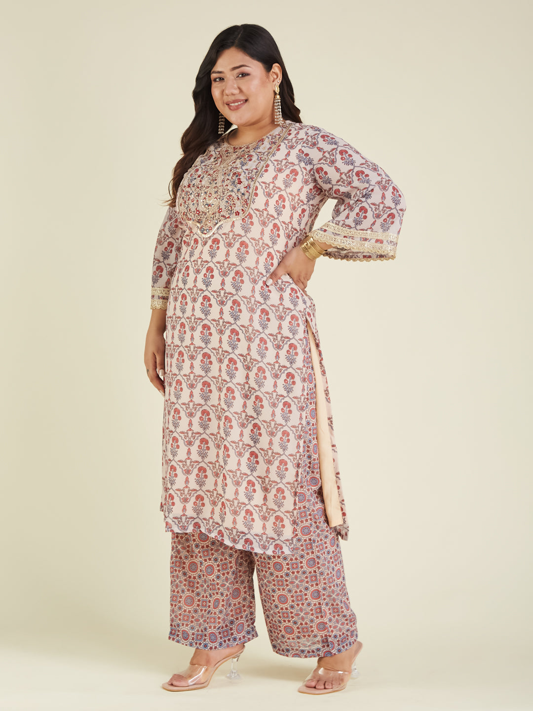 Janasya Light Georgette Yoke Embroidery A-Line Kurta Set 