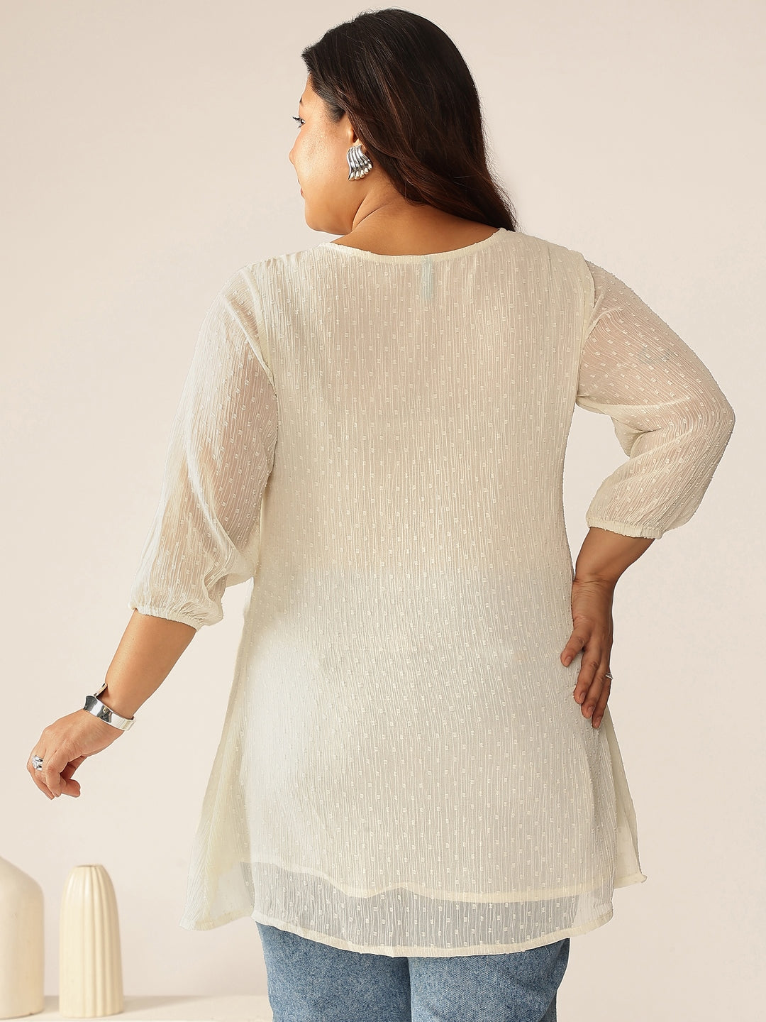 Janasya Light Dobby Chiffon Self Design A-Line Tunic 