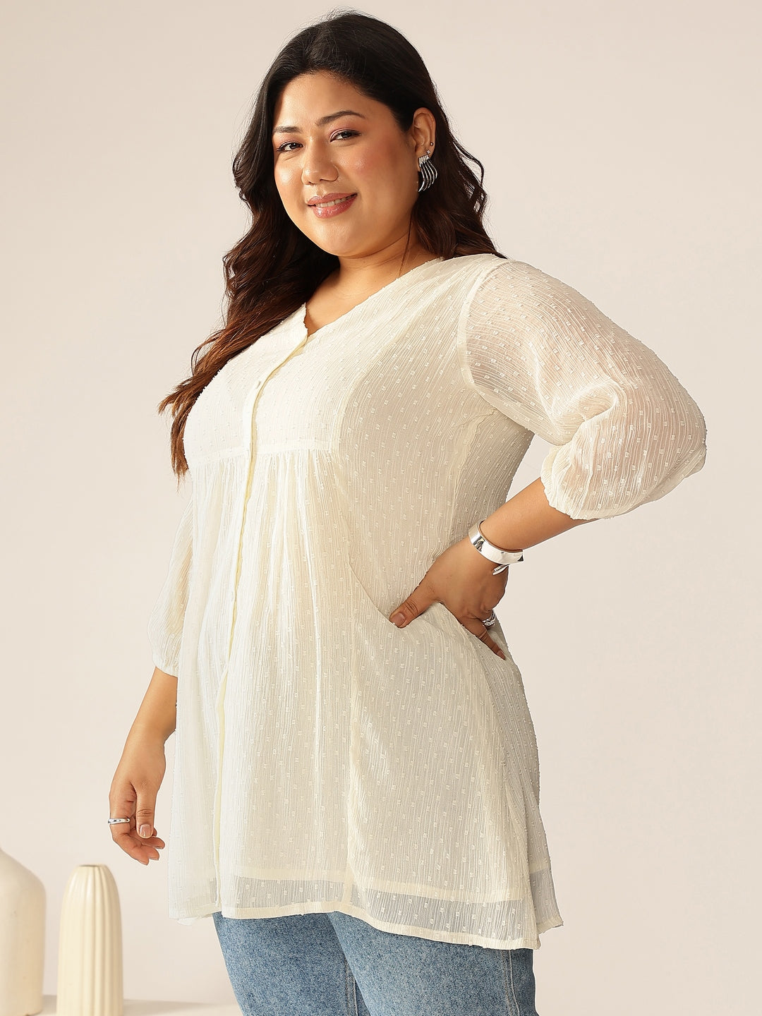 Janasya Light Dobby Chiffon Self Design A-Line Tunic 