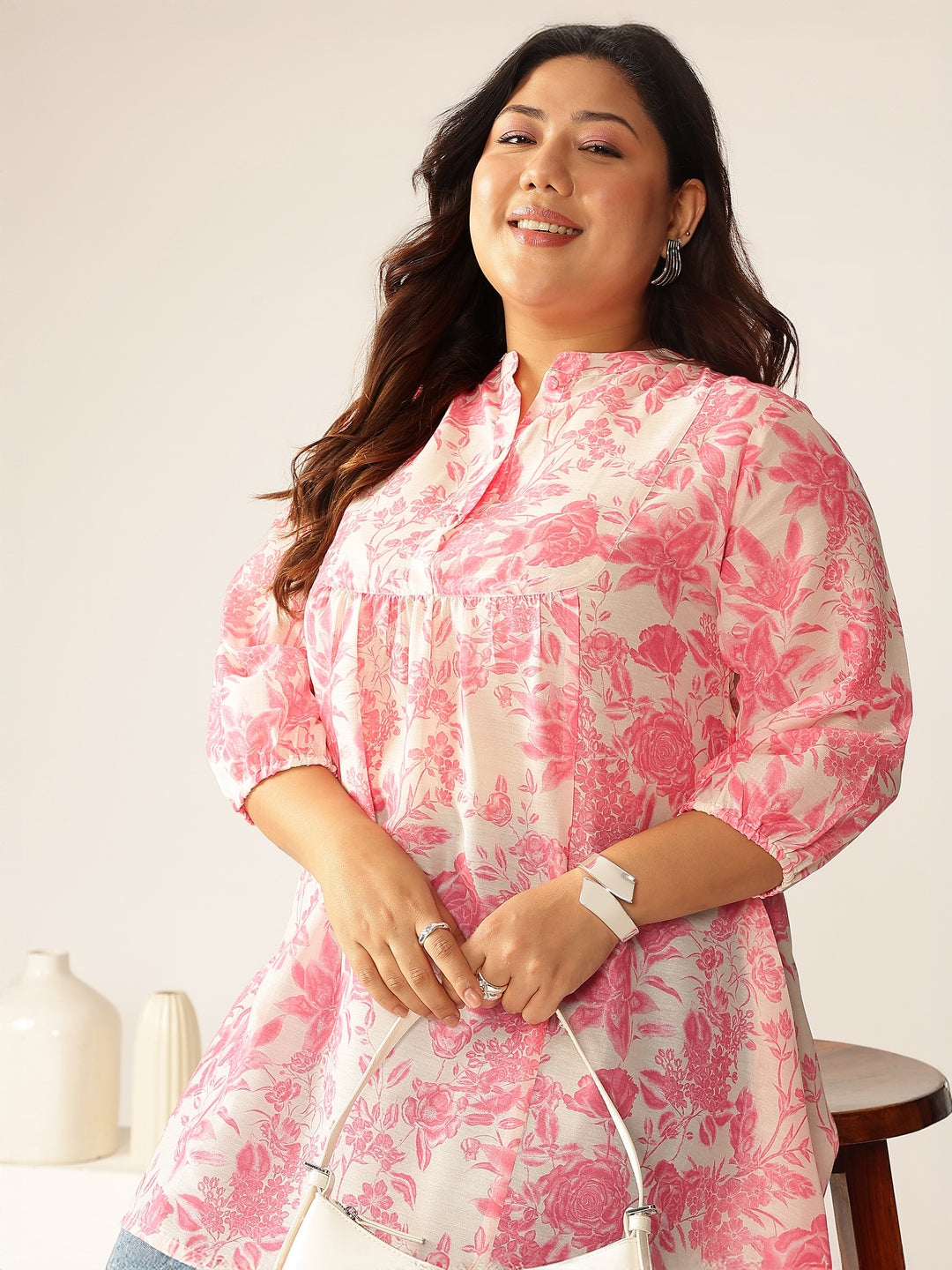 Janasya Light Silk Blend Floral A-Line Tunic 