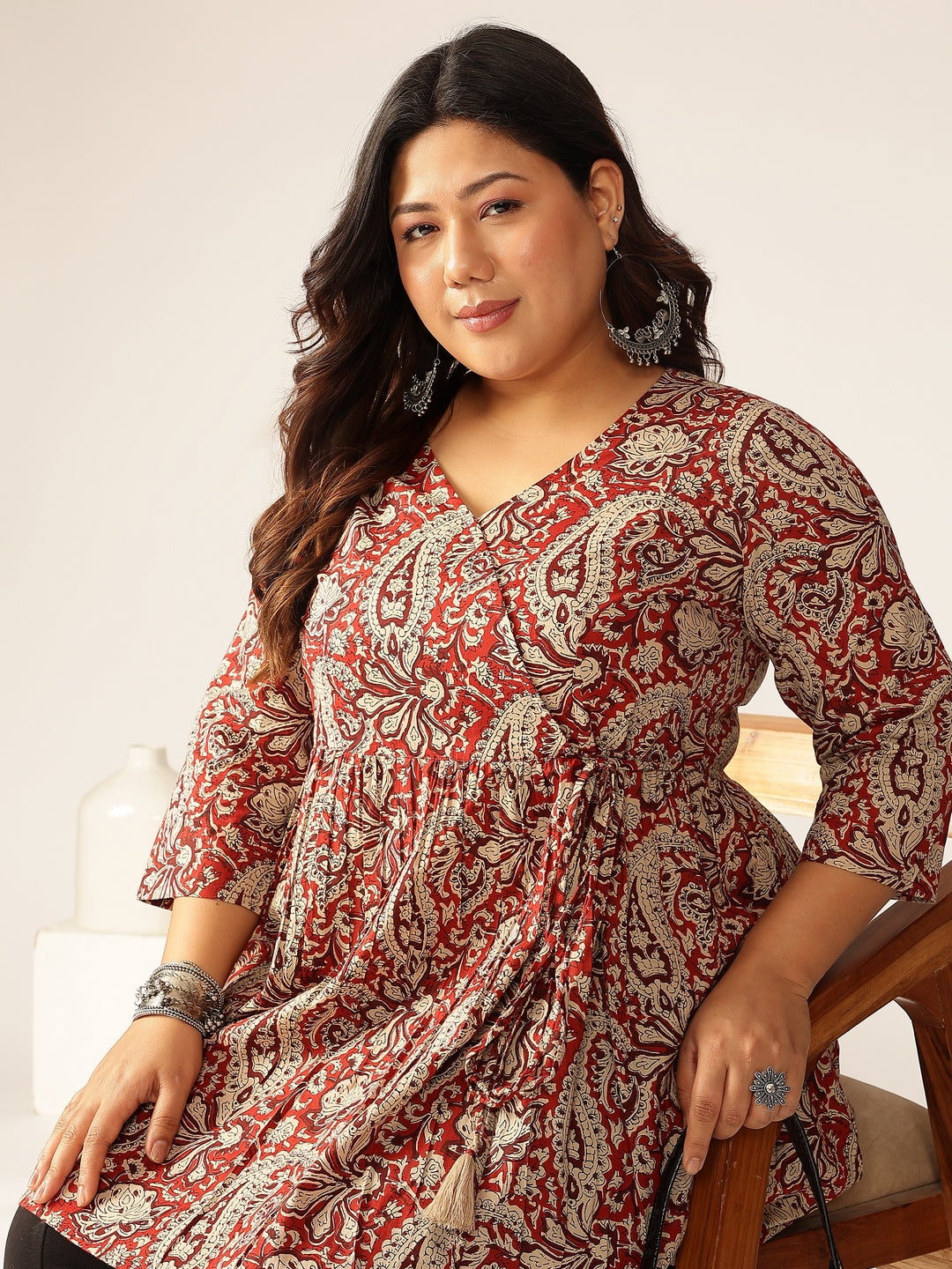 Janasya Dark Cotton Paisley Peplum Tunic 