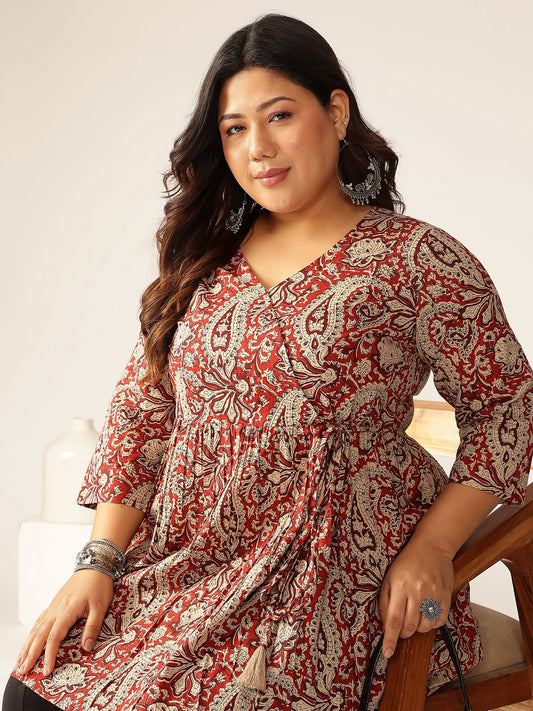 Janasya Dark Cotton Paisley Peplum Tunic 