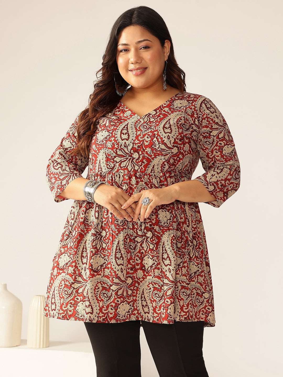 Janasya Dark Cotton Paisley Peplum Tunic 