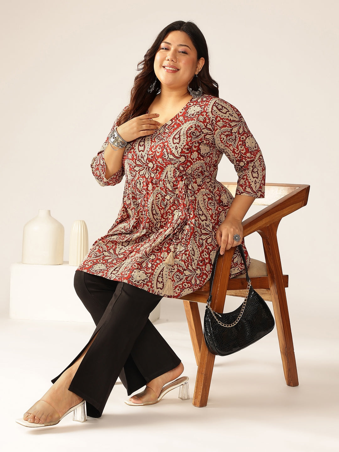 Janasya Dark Cotton Paisley Peplum Tunic 
