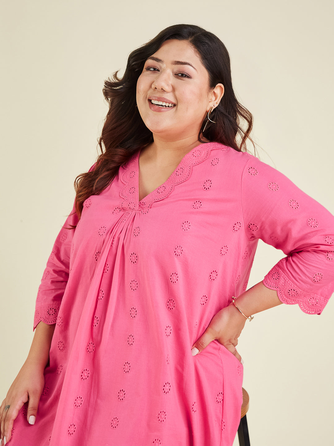 Janasya Bright Cotton Schiffli A-Line Tunic 