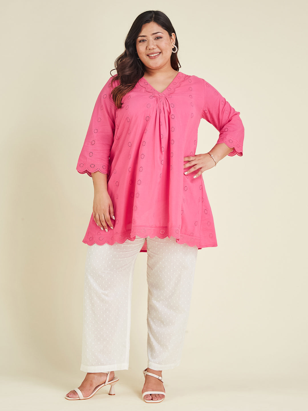Janasya Bright Cotton Schiffli A-Line Tunic 