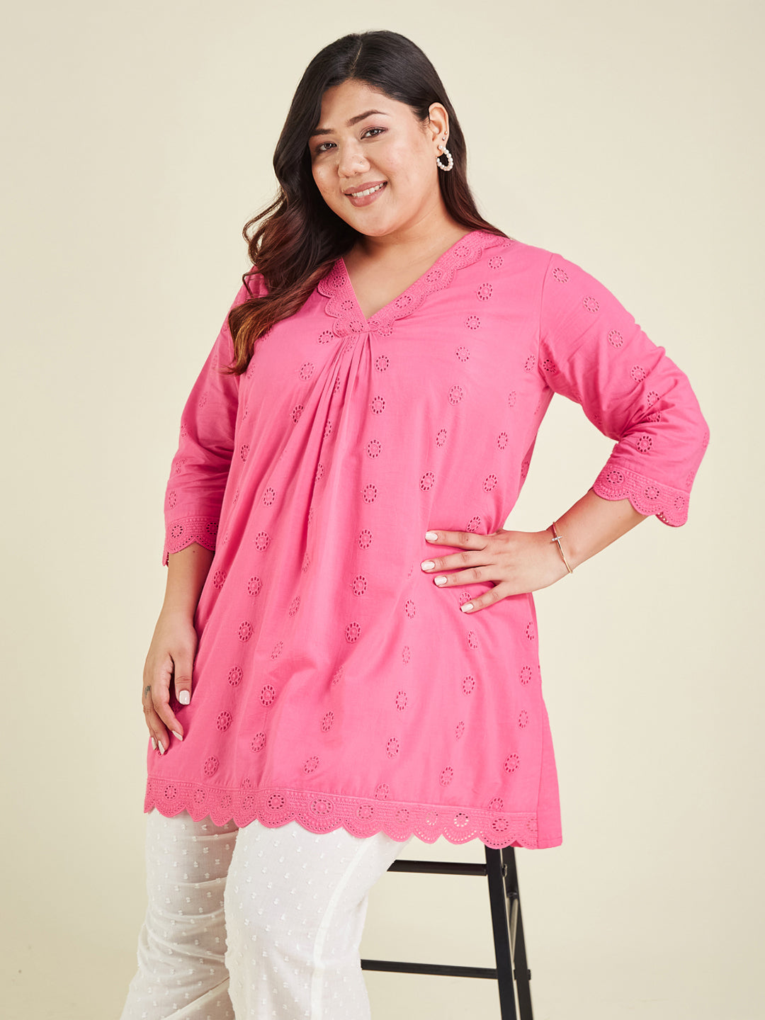 Janasya Bright Cotton Schiffli A-Line Tunic 