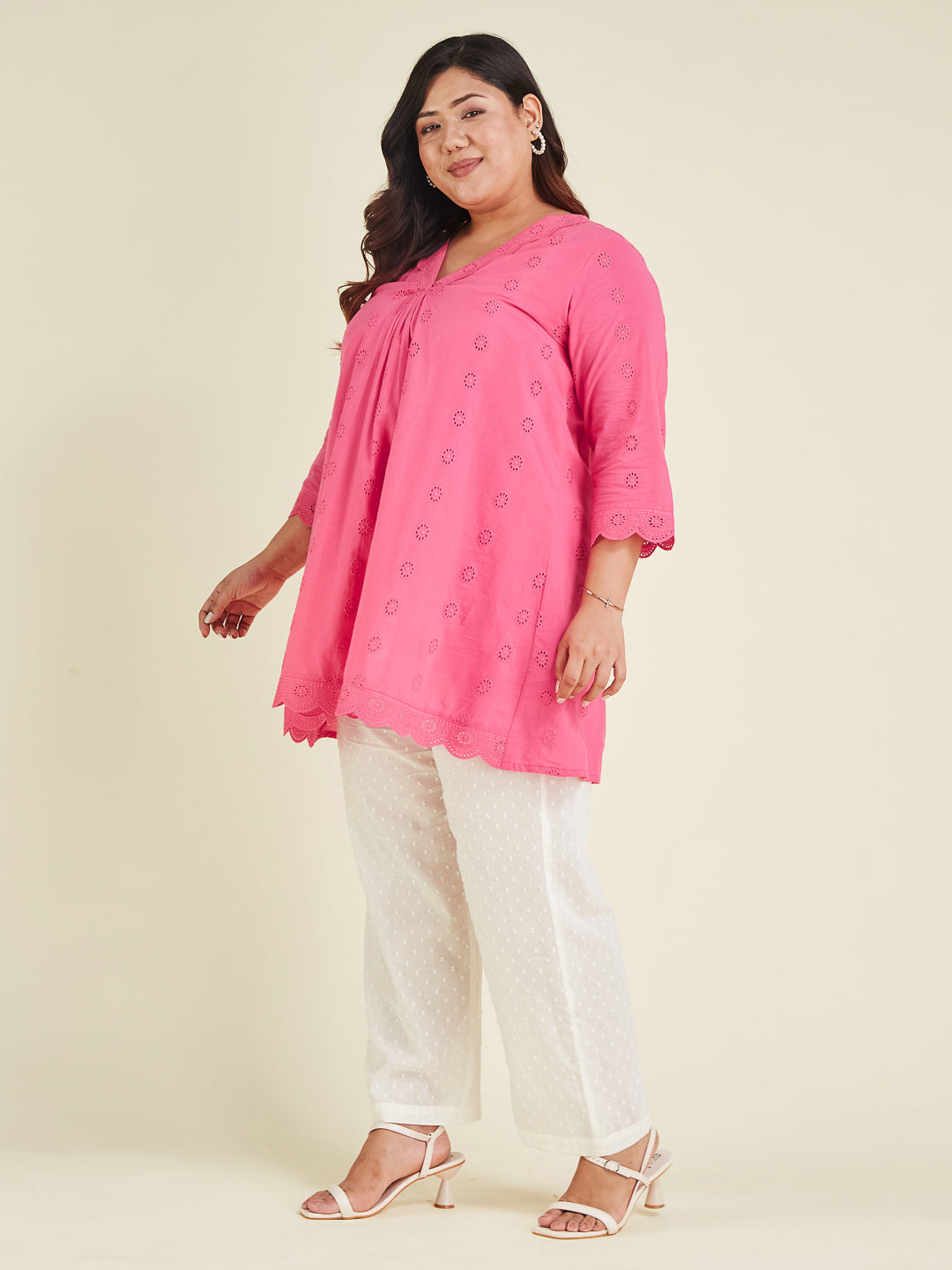 Janasya Bright Cotton Schiffli A-Line Tunic 