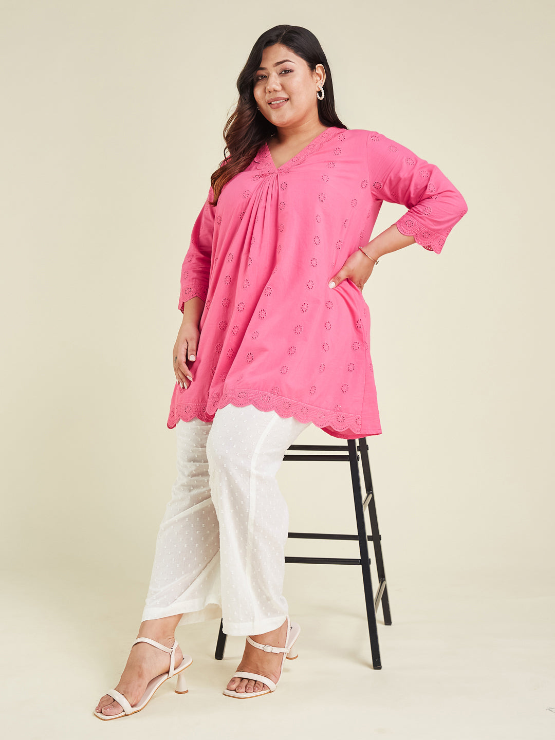 Janasya Bright Cotton Schiffli A-Line Tunic 