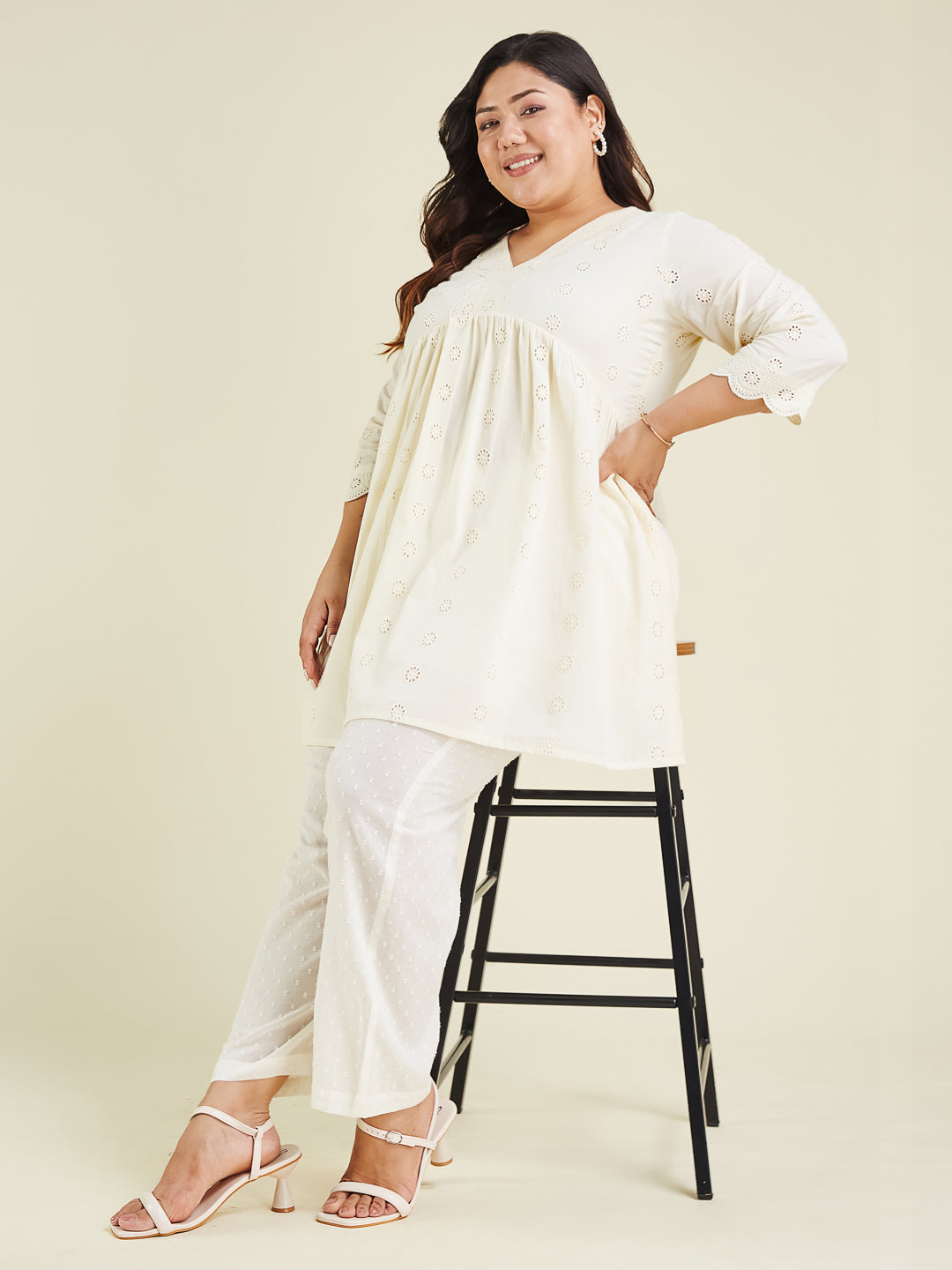 Janasya Light Cotton Schiffli A-Line Tunic 