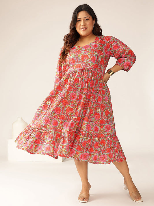 Janasya Bright Cotton Floral Flared Dress 