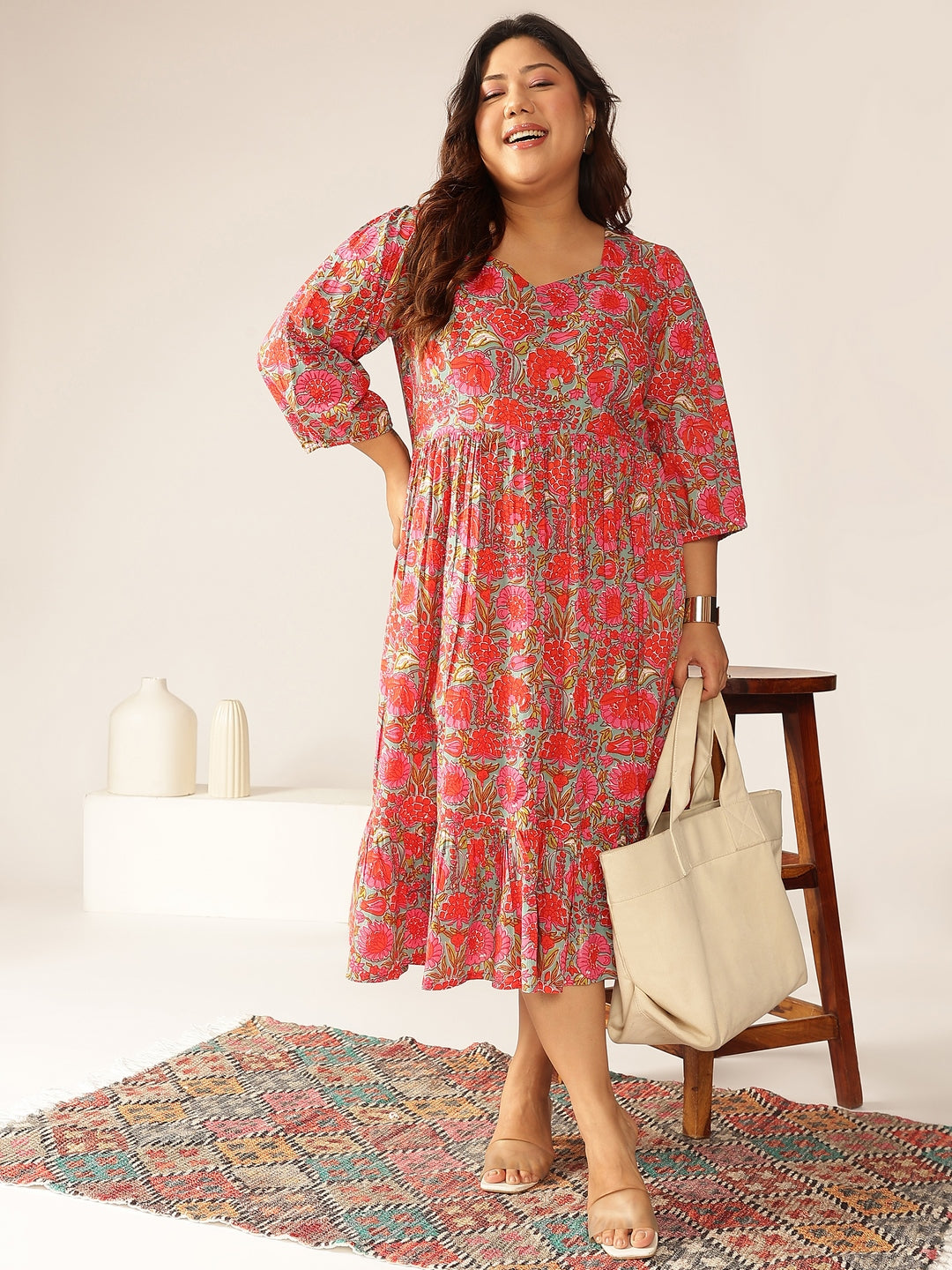 Janasya Bright Cotton Floral Flared Dress 