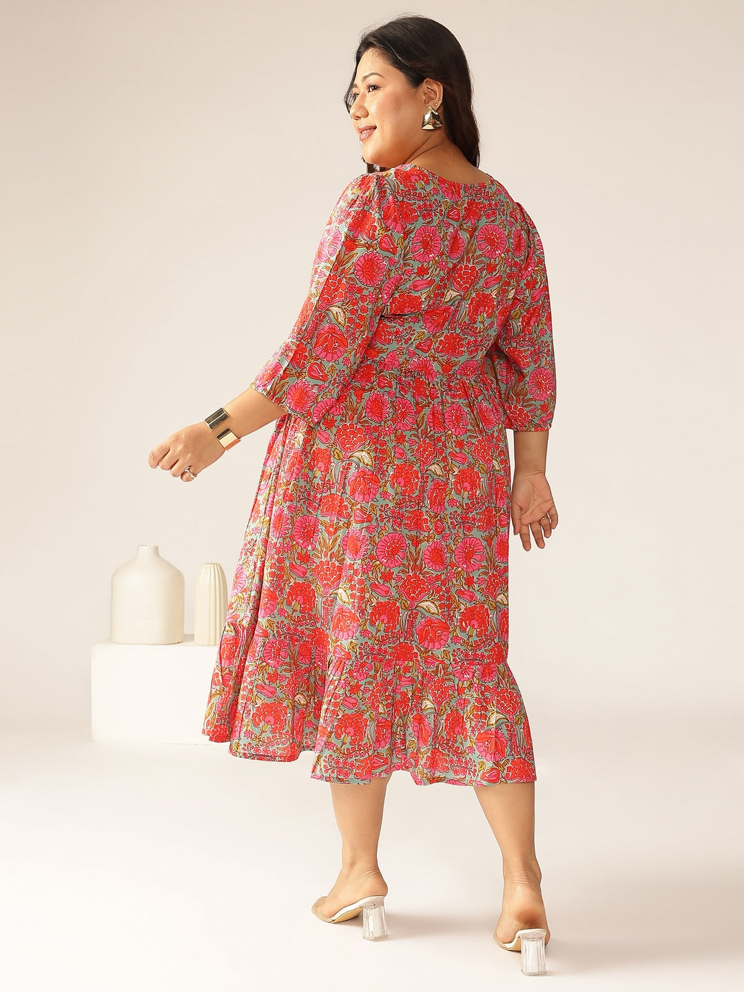 Janasya Bright Cotton Floral Flared Dress 