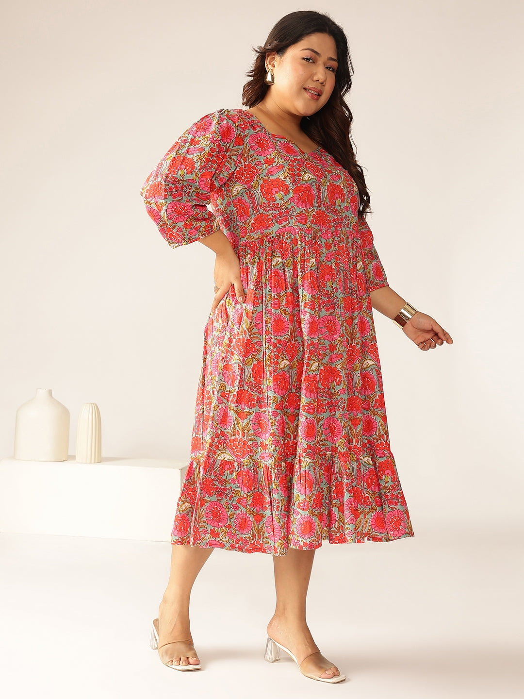 Janasya Bright Cotton Floral Flared Dress 