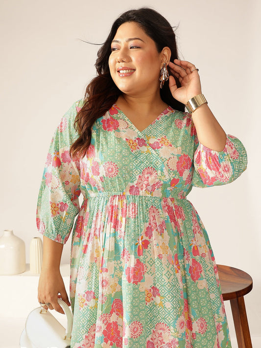 Janasya Bright Cotton Floral A-Line Dress 