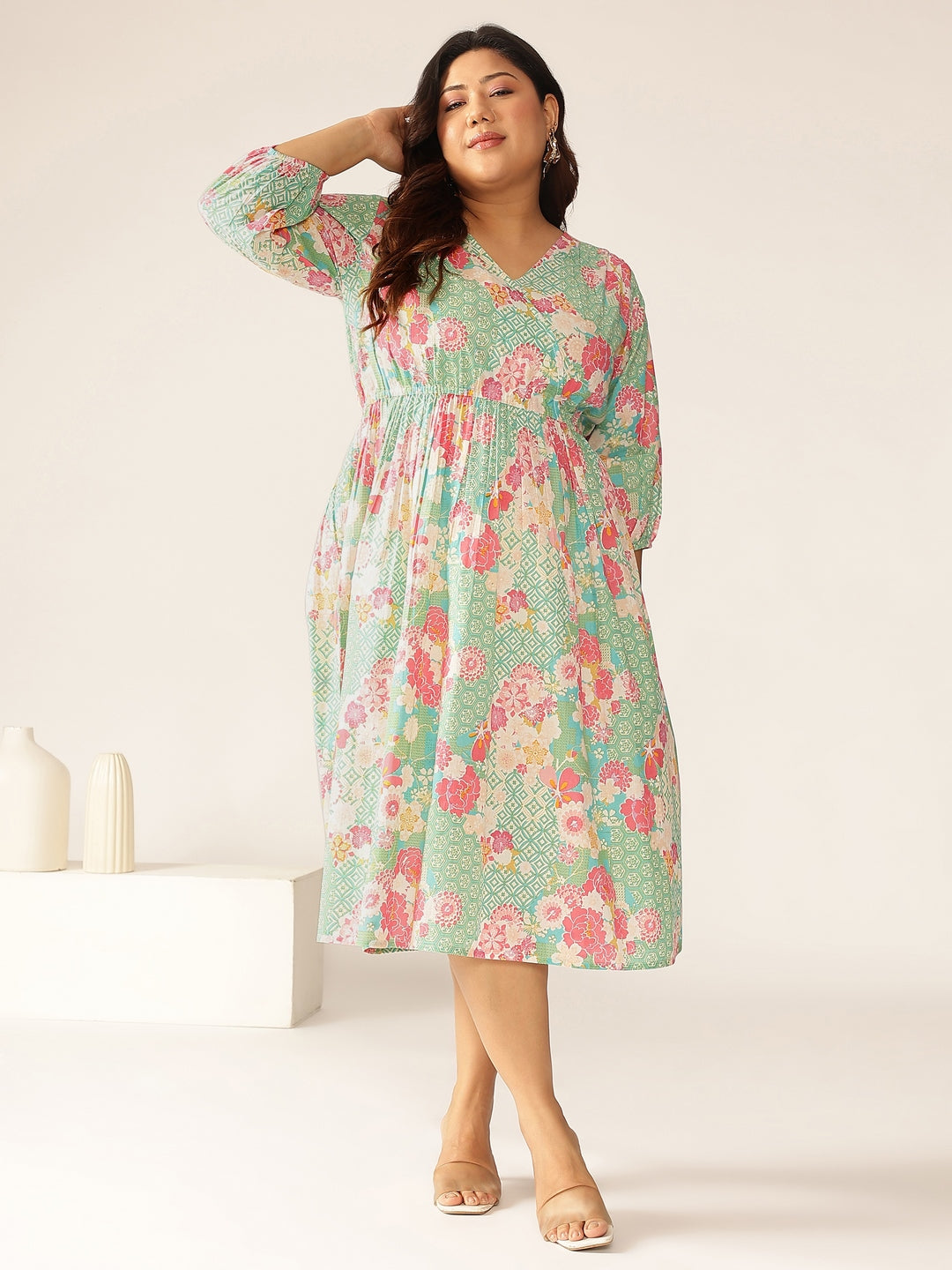 Janasya Bright Cotton Floral A-Line Dress 