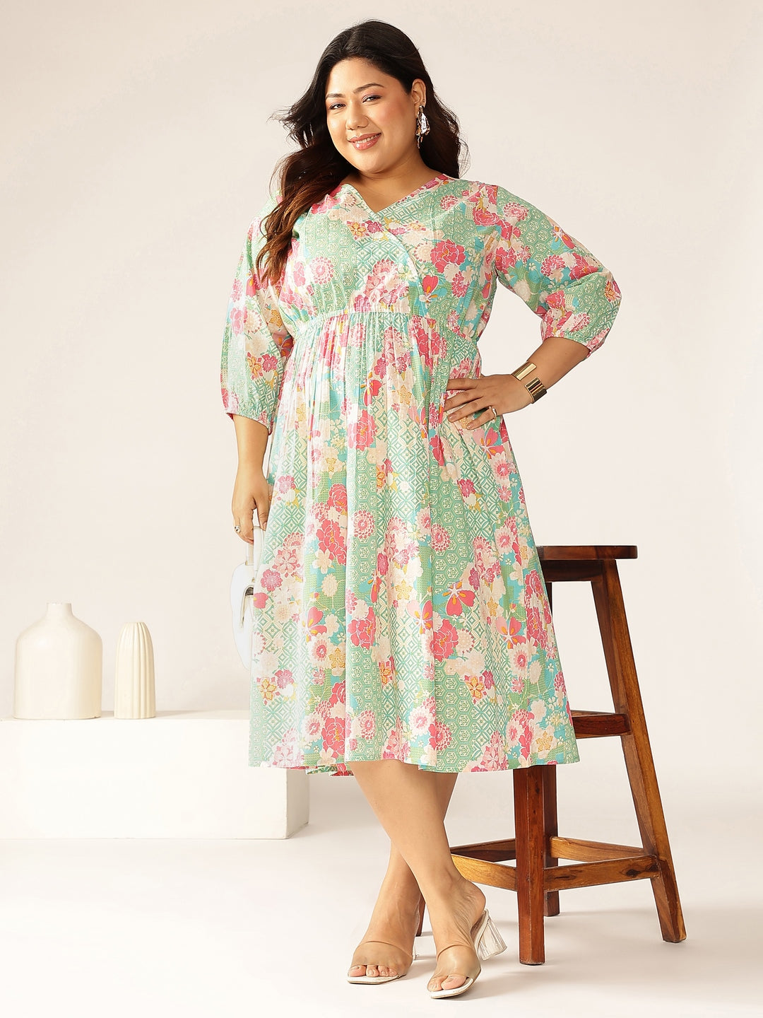 Janasya Bright Cotton Floral A-Line Dress 
