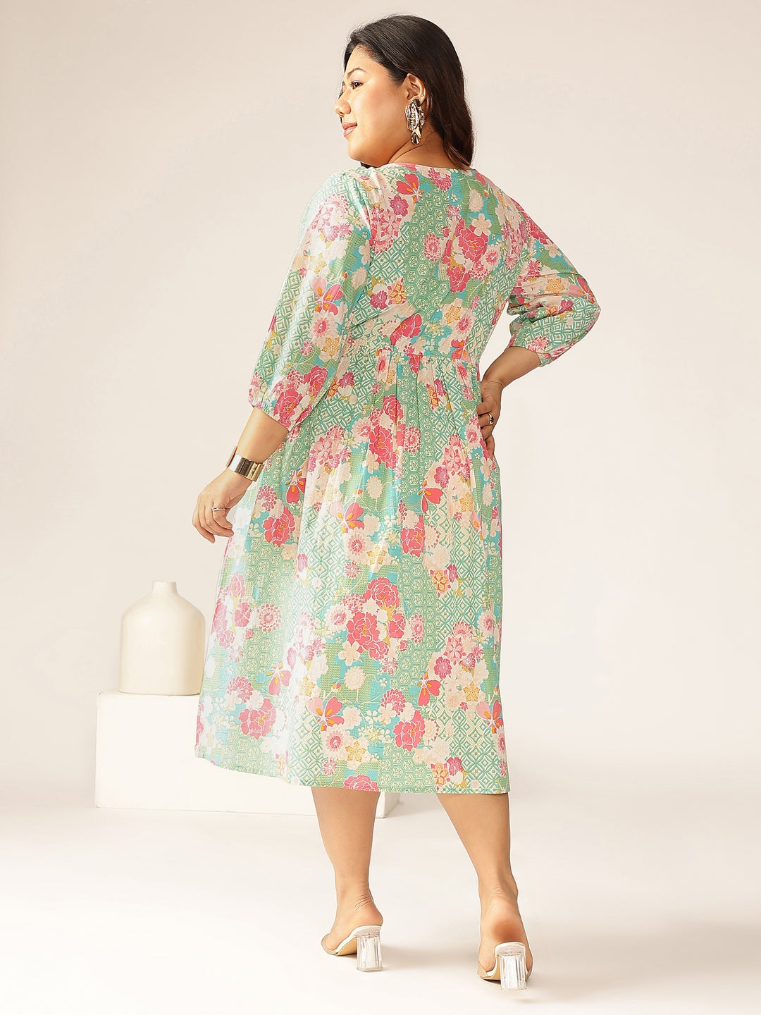 Janasya Bright Cotton Floral A-Line Dress 