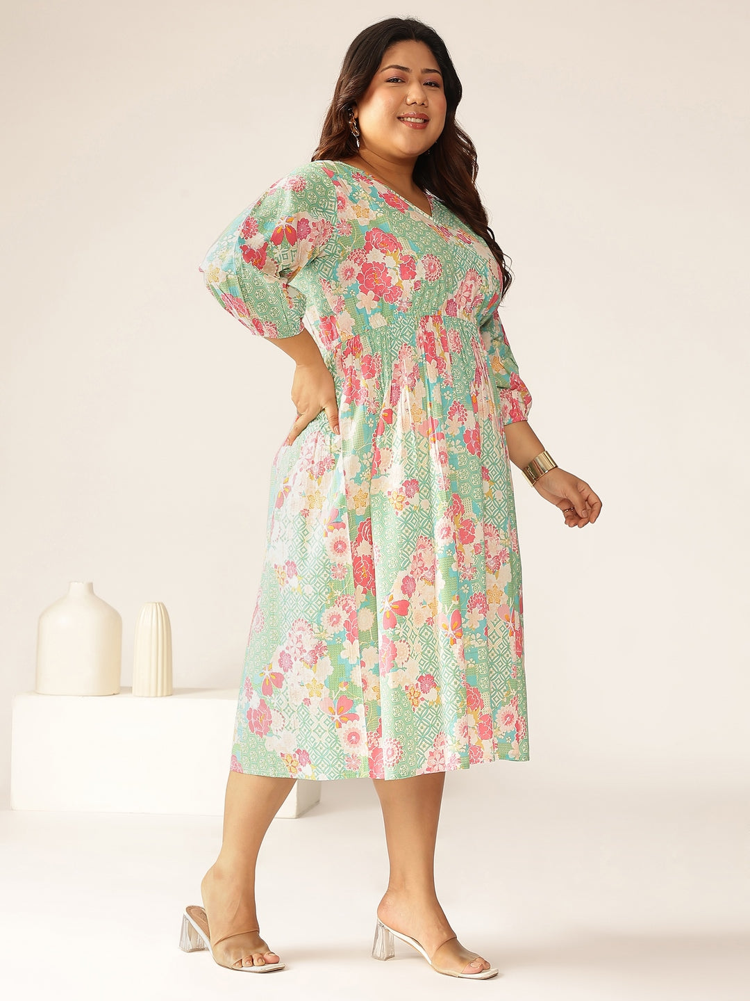 Janasya Bright Cotton Floral A-Line Dress 