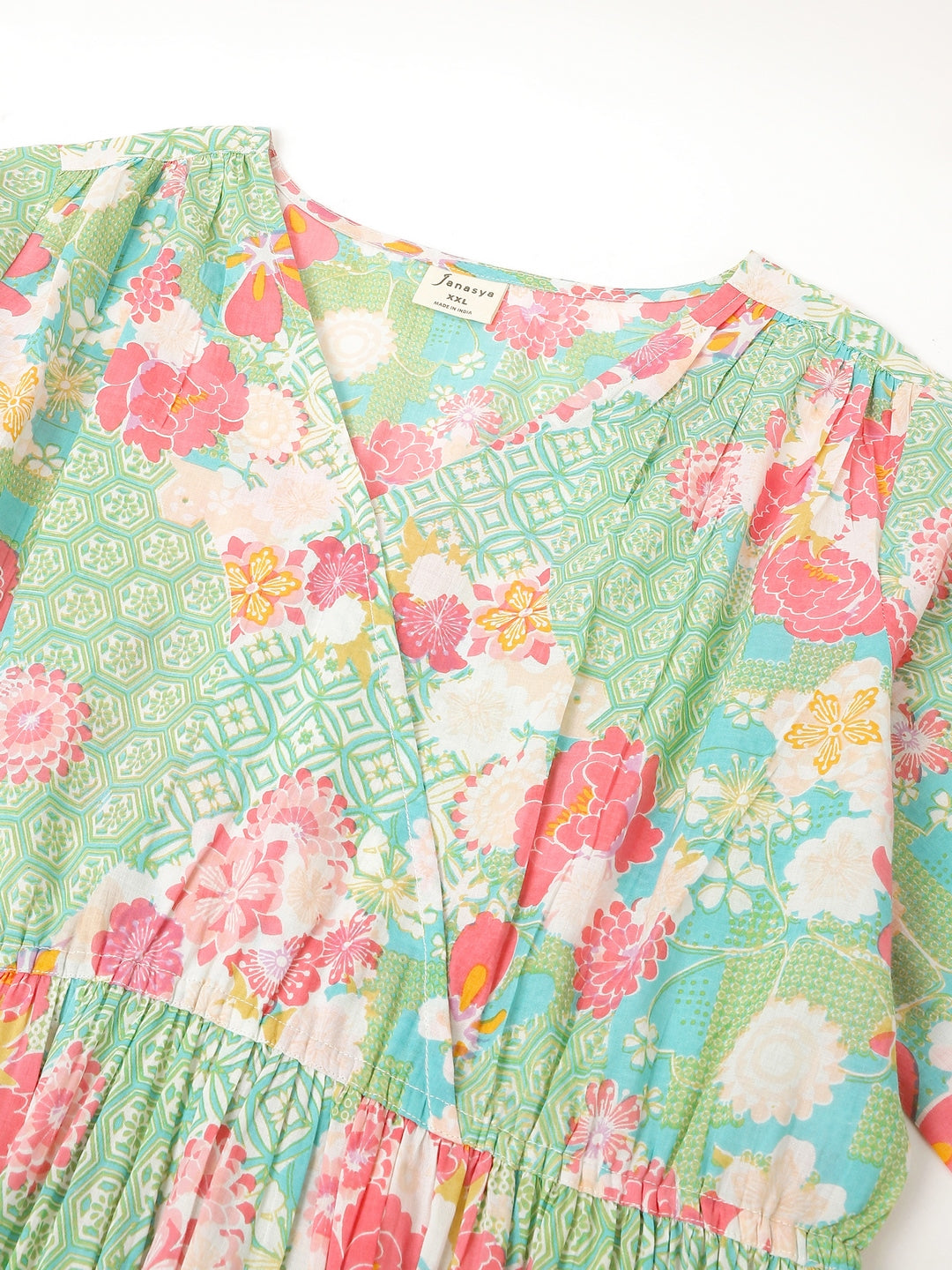 Janasya Bright Cotton Floral A-Line Dress 