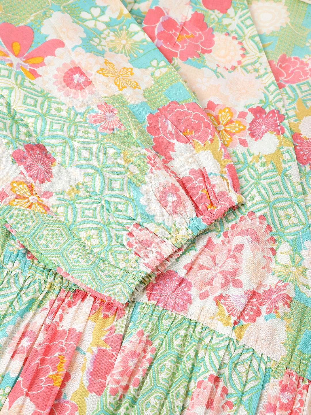 Janasya Bright Cotton Floral A-Line Dress 