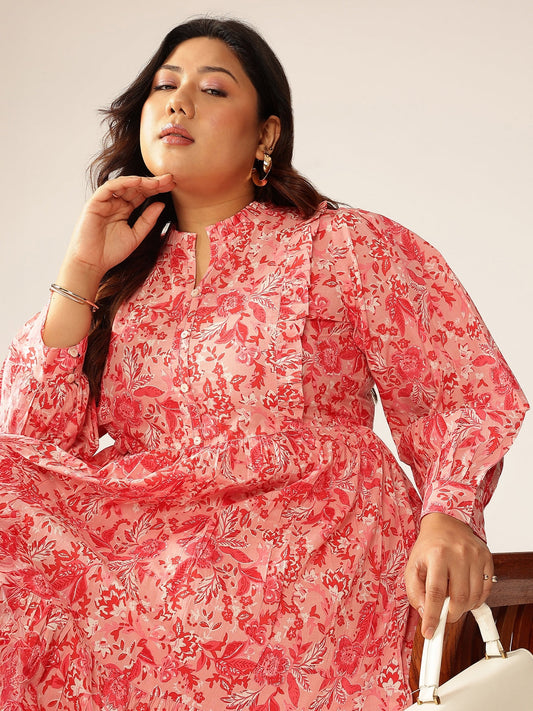 Janasya Bright Cotton Floral A-Line Dress 