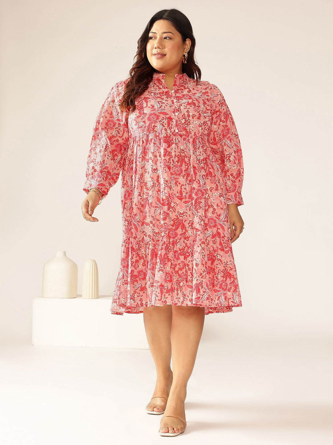 Janasya Bright Cotton Floral A-Line Dress 