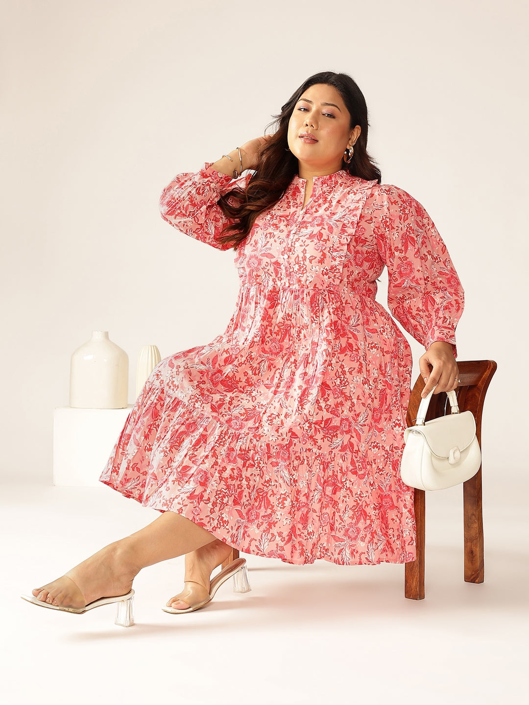 Janasya Bright Cotton Floral A-Line Dress 