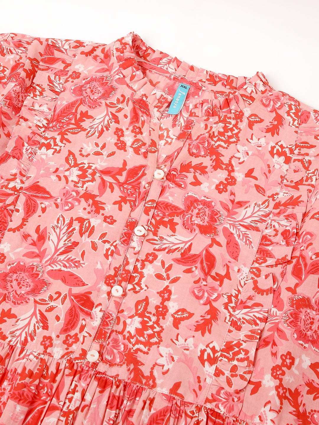 Janasya Bright Cotton Floral A-Line Dress 