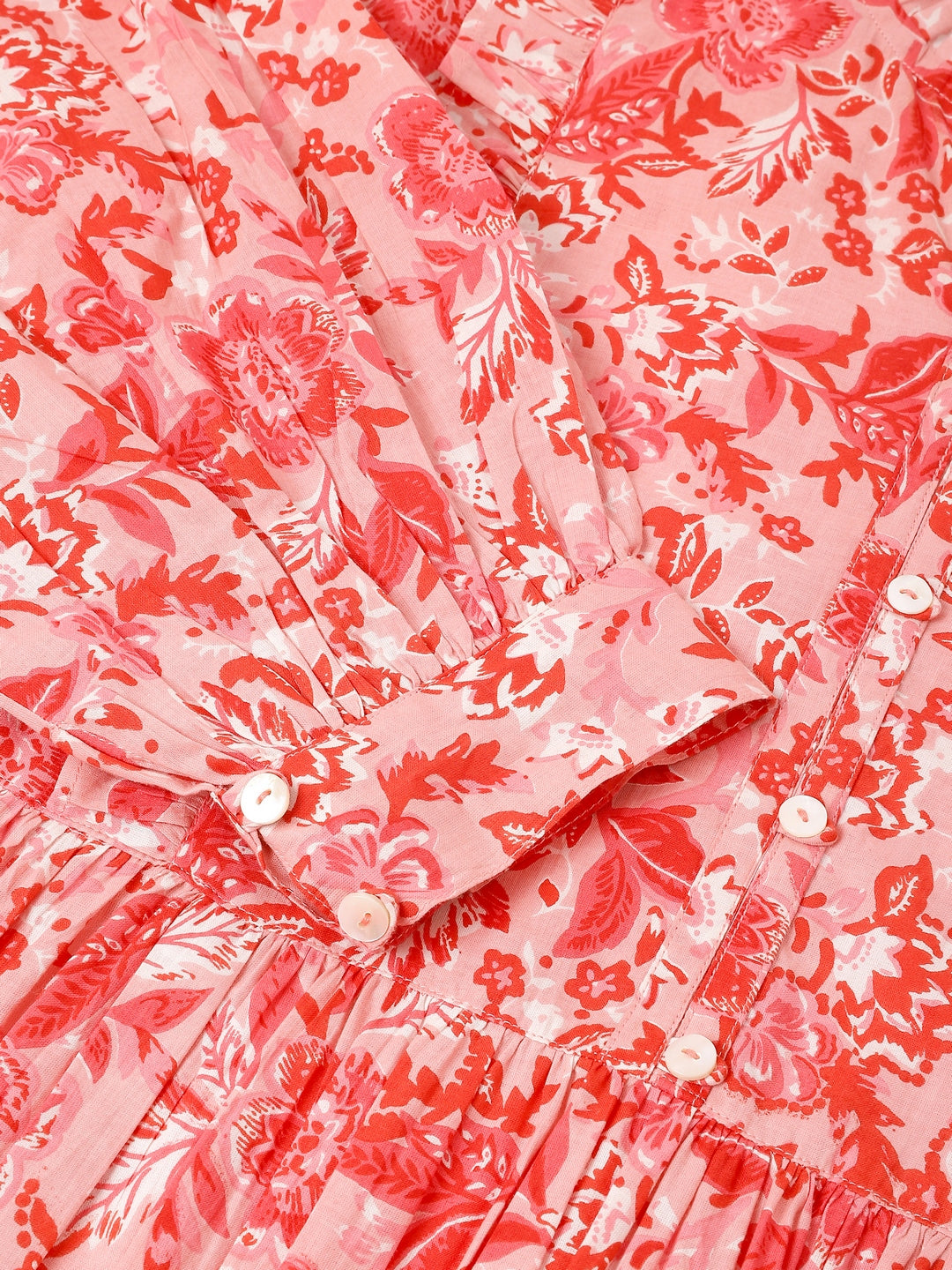 Janasya Bright Cotton Floral A-Line Dress 