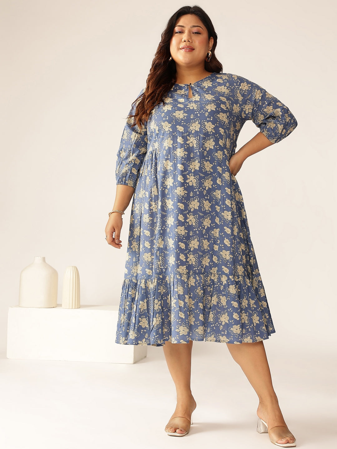 Janasya Bright Cotton Floral Fit & Flare Dress 