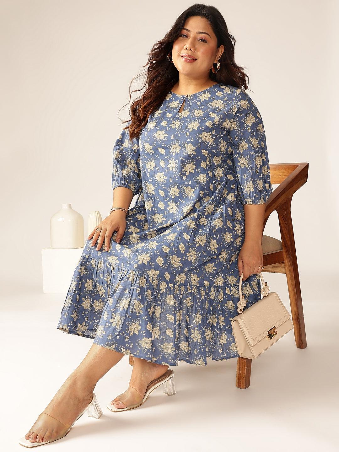 Janasya Bright Cotton Floral Fit & Flare Dress 