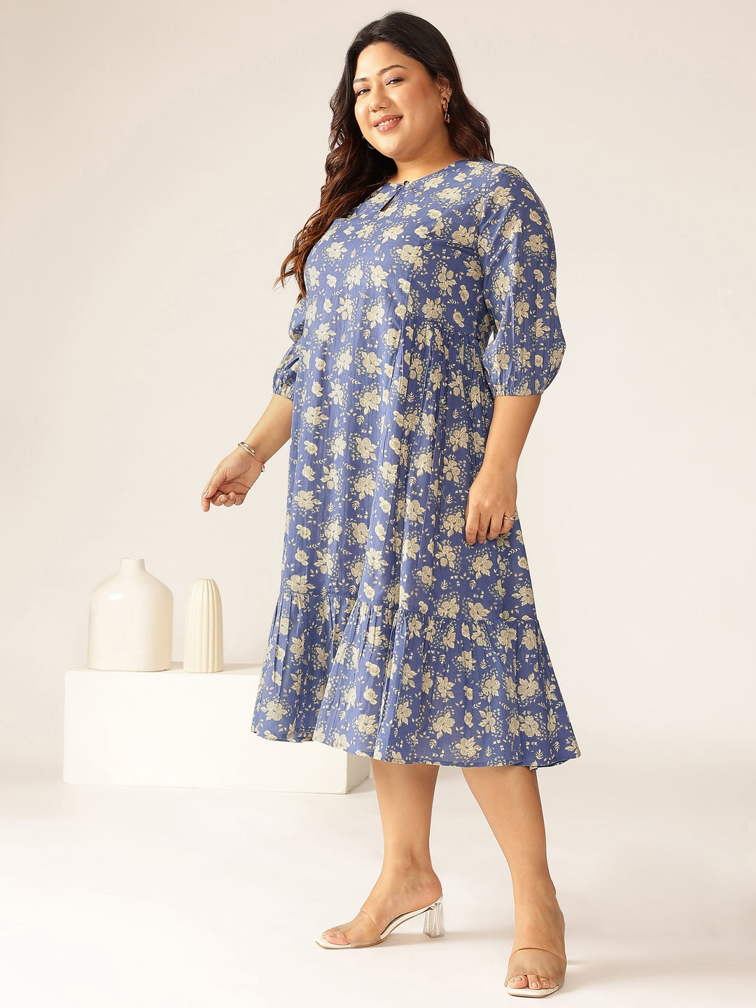 Janasya Bright Cotton Floral Fit & Flare Dress 