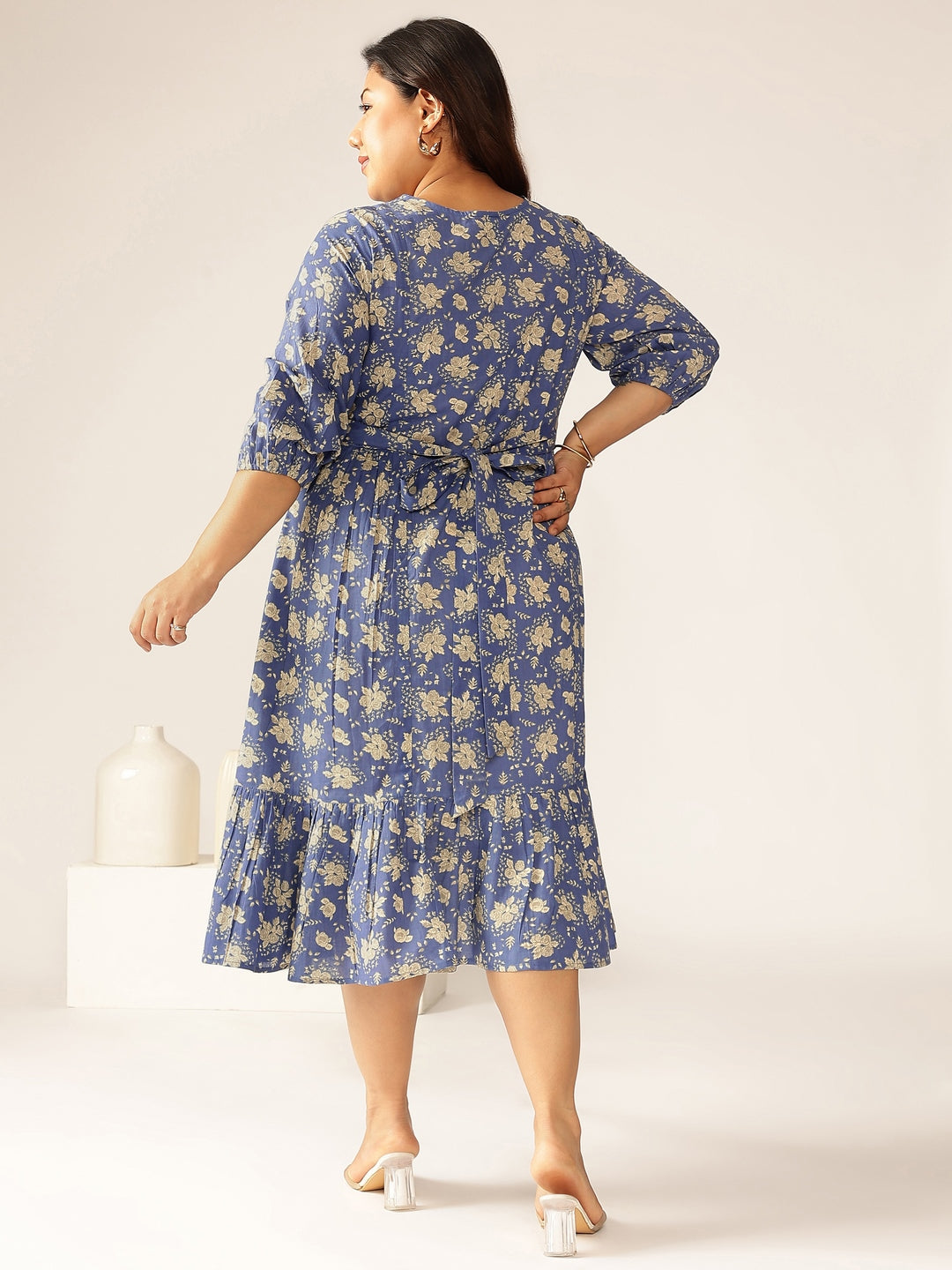 Janasya Bright Cotton Floral Fit & Flare Dress 