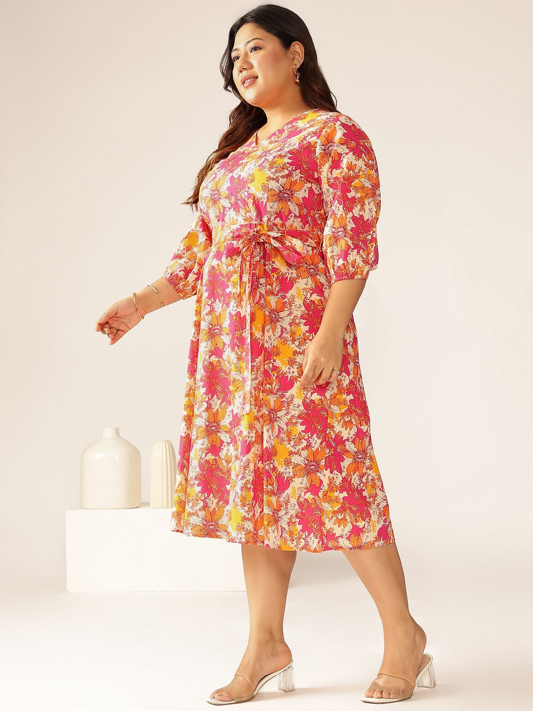 Janasya Bright Cotton Floral A-Line Dress 