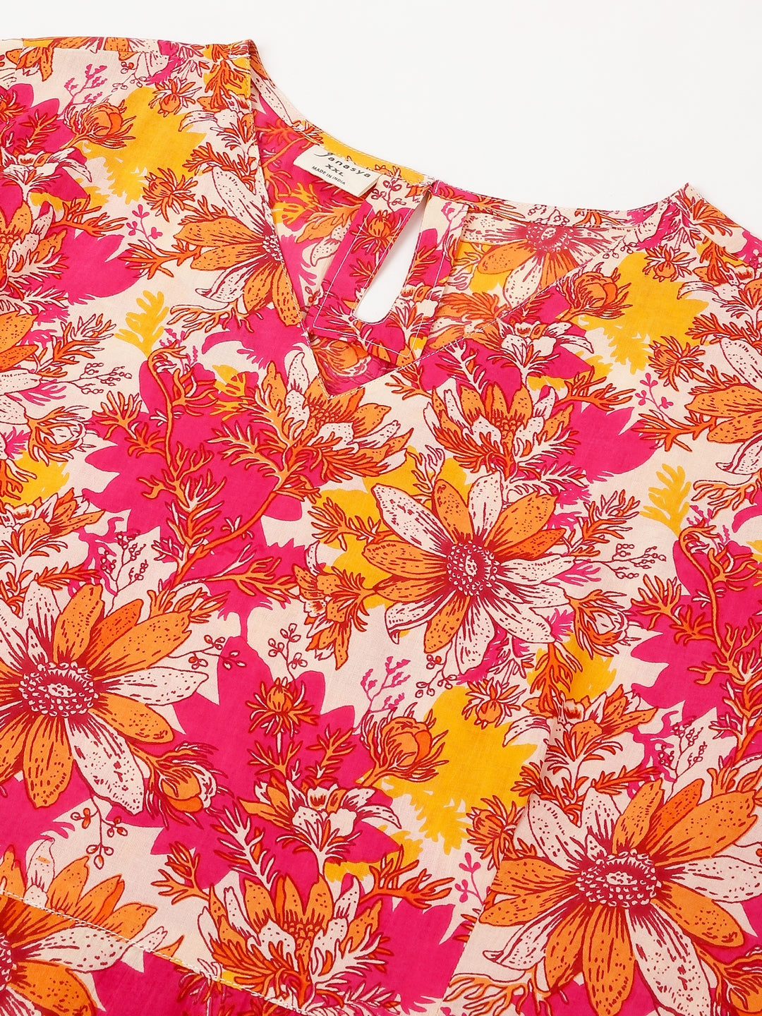 Janasya Bright Cotton Floral A-Line Dress 