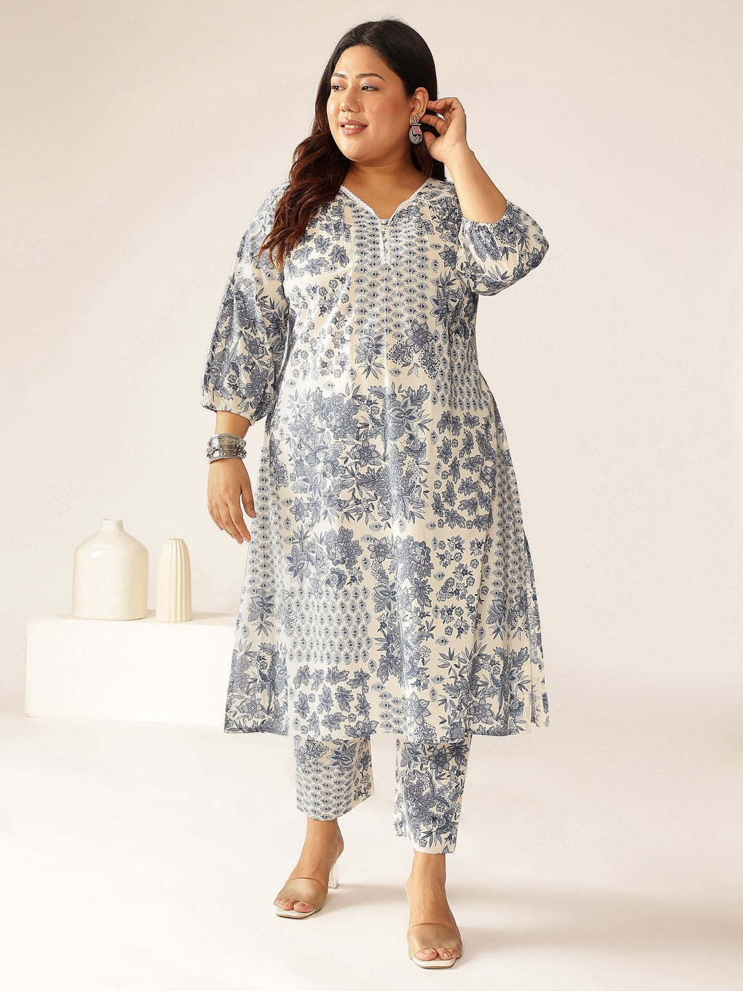 Janasya Light Cotton Floral A-Line Kurta Set 