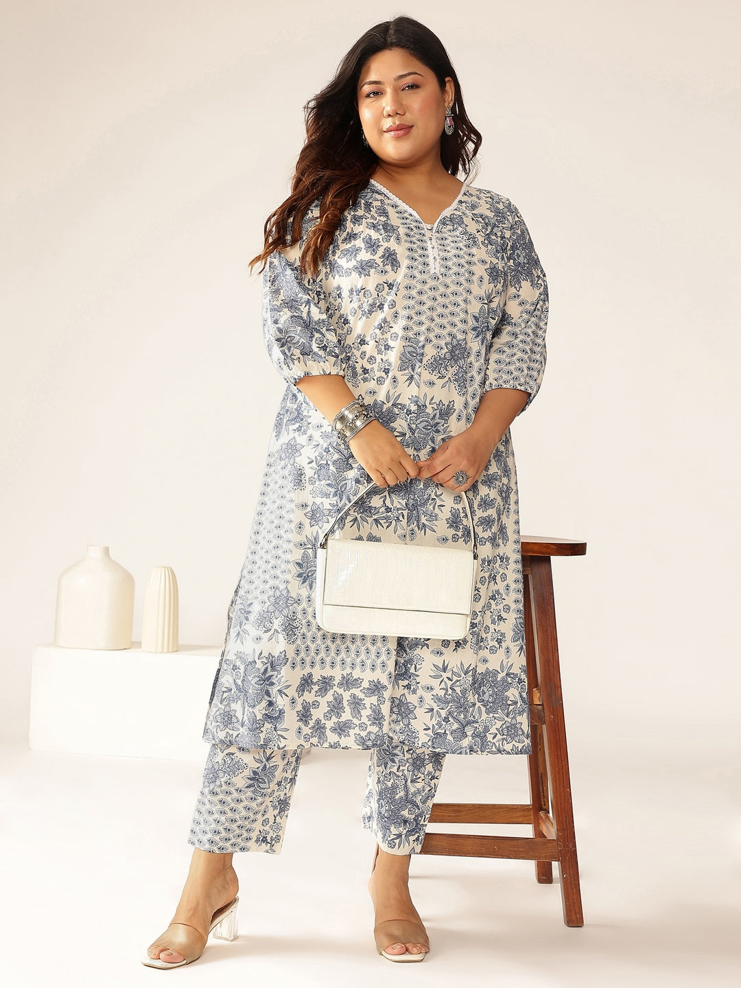 Janasya Light Cotton Floral A-Line Kurta Set 