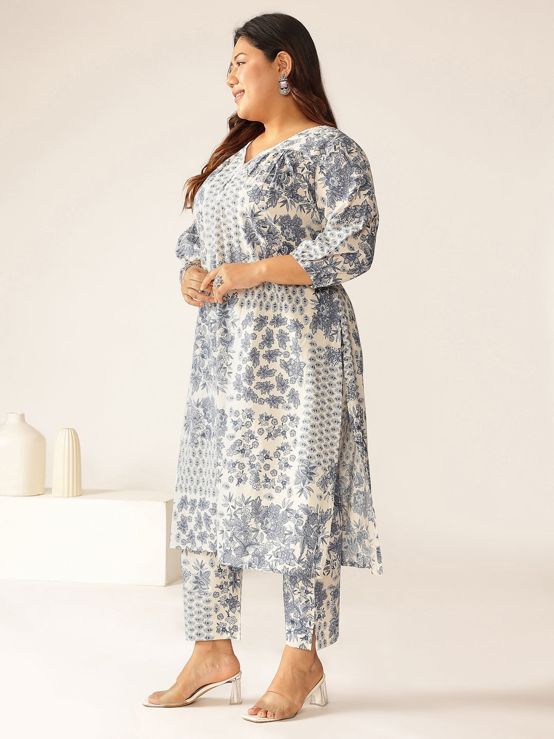 Janasya Light Cotton Floral A-Line Kurta Set 