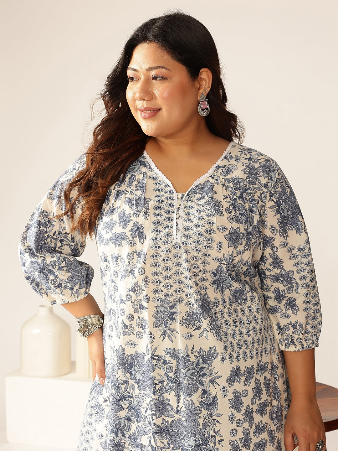 Janasya Light Cotton Floral A-Line Kurta Set 