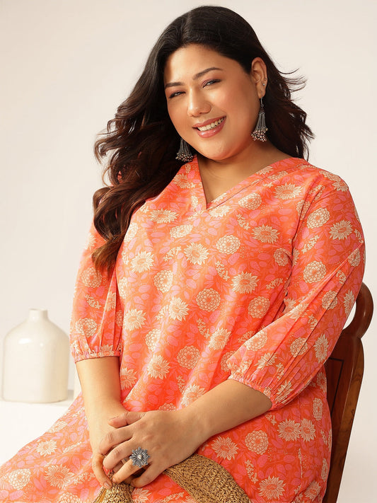 Janasya Bright Georgette Floral A-Line Tunic 
