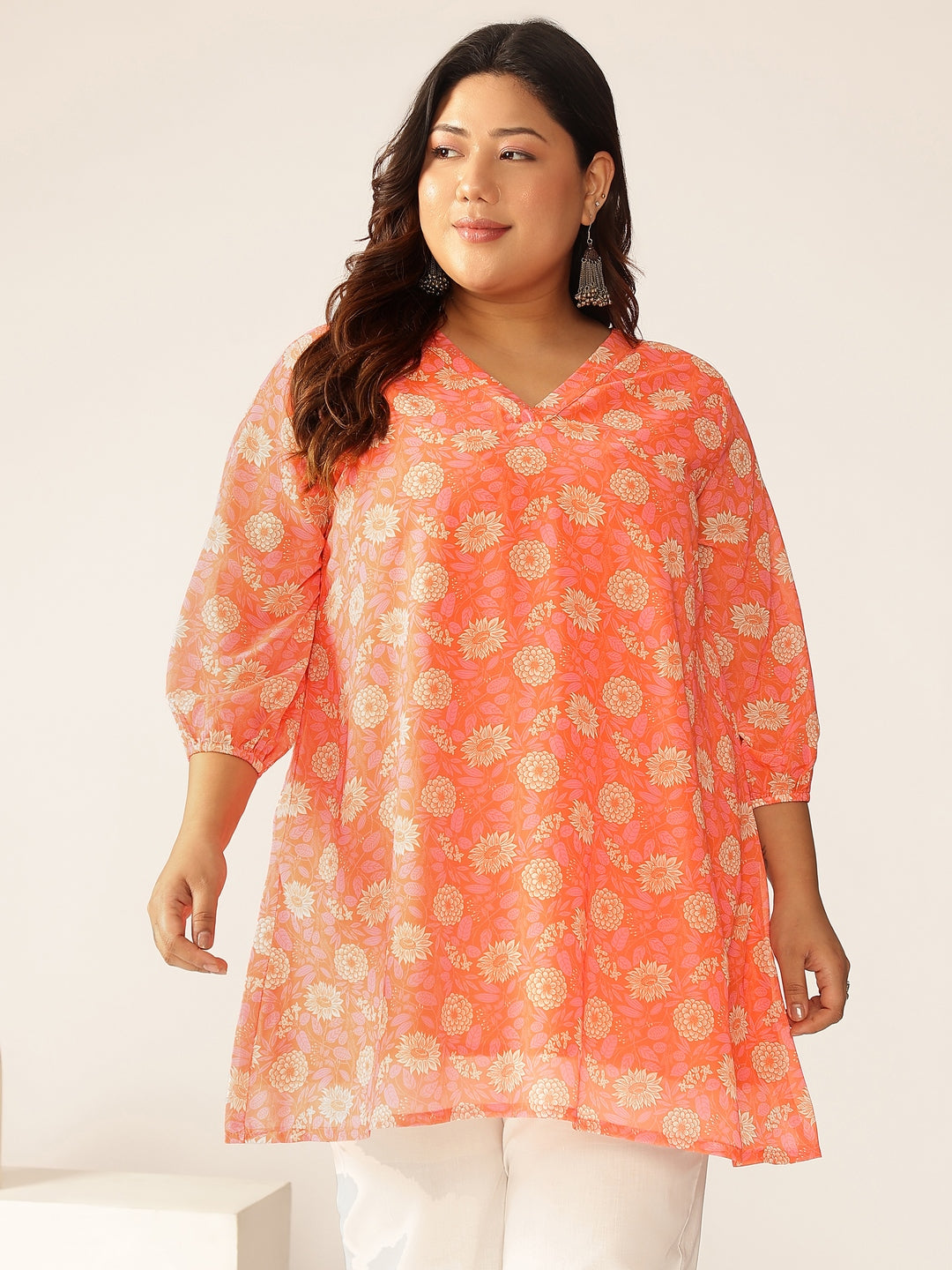 Janasya Bright Georgette Floral A-Line Tunic 