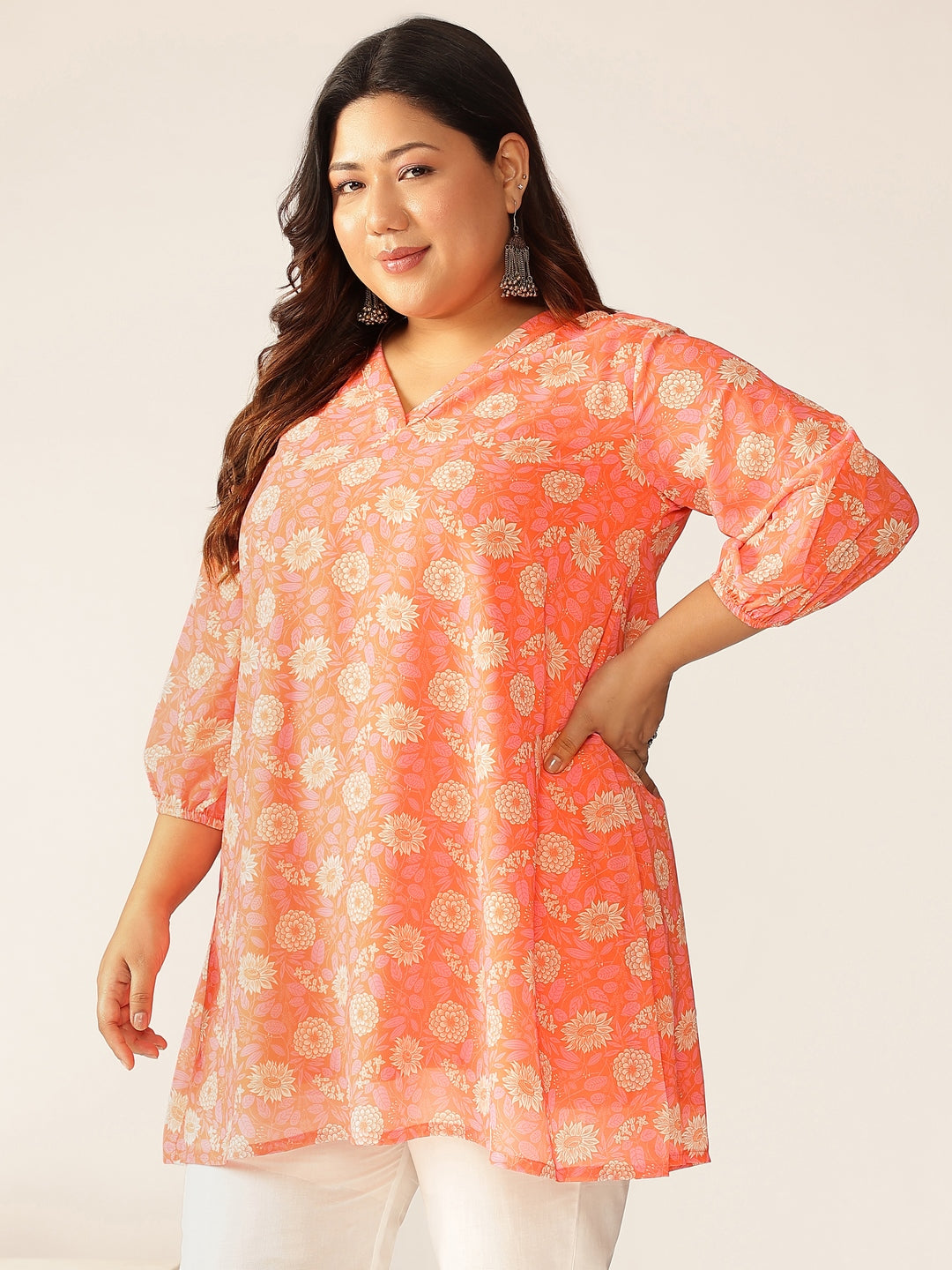 Janasya Bright Georgette Floral A-Line Tunic 