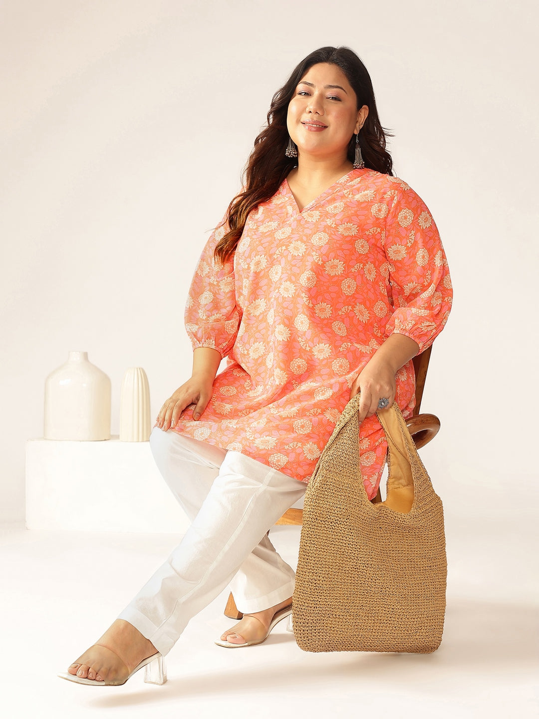 Janasya Bright Georgette Floral A-Line Tunic 