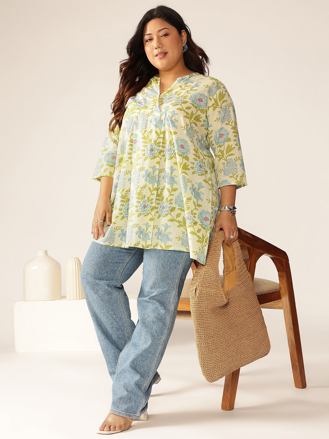Janasya Light Cotton Floral A-Line Tunic 