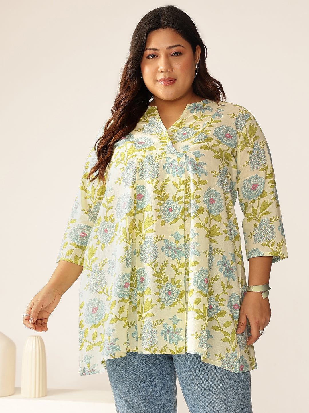 Janasya Light Cotton Floral A-Line Tunic 