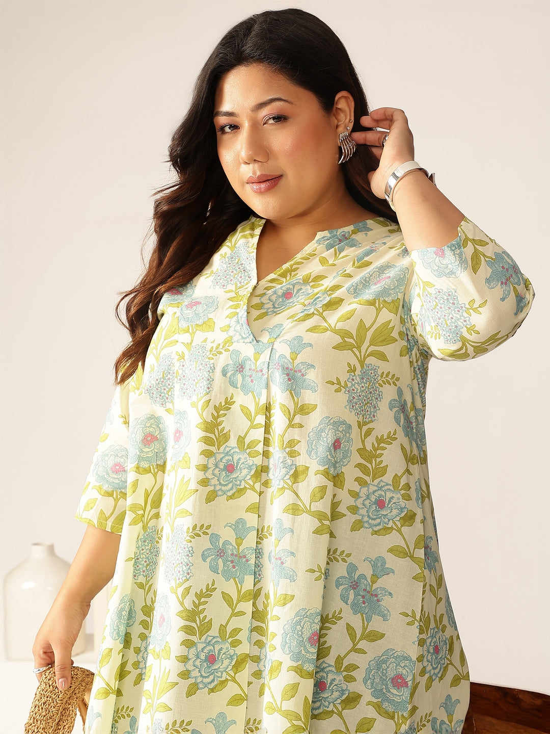 Janasya Light Cotton Floral A-Line Tunic 
