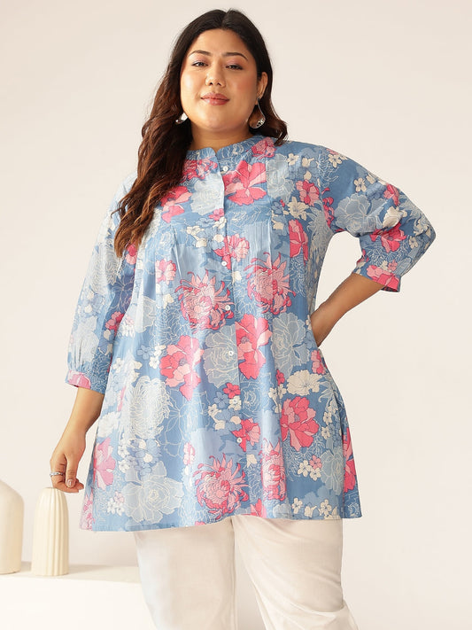 Janasya Bright Cotton Floral A-Line Tunic 